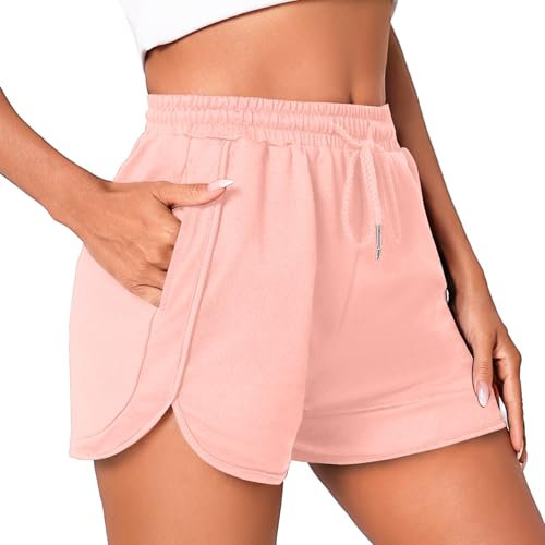 Litherday Short Femme Short de Sport Femme Été Fente latérale Pantalon Court pour Fitness Jogging Running Respirant Doux avec Poches Cordon Rose M