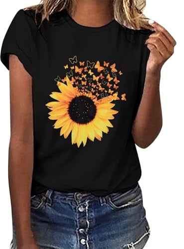 TOMEEK T Shirt Donna Cotone Maglietta Nera a Collo Tondo Magliette Donna a Manica Corta con Stampa Casual T-Shirt Moda Comodo Tops,Girasole,M