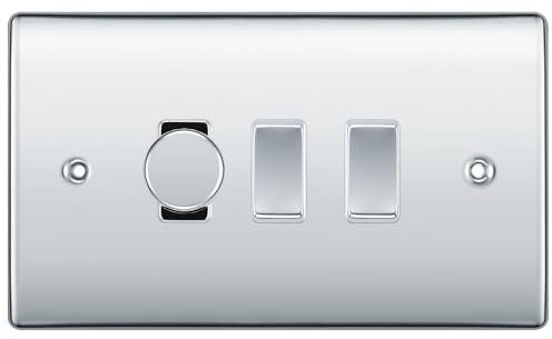 BG Polished Chrome 3 Gang Grid Switch 1x Trailing Edge LED Dimmer 2x 2 Way