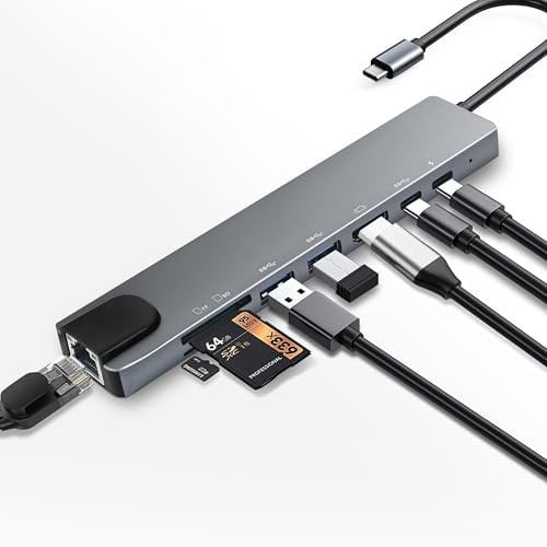 USB C Hub with Ethernet Adapter, 8 In 1 USB-C Multiport Adapter with 100W PD, 4K HDMI, USB 3.0/2.0, Type-C Port, SD/TF Card Reader, Type C Hub for MacBook, Acer, Laptops, Surface, iPad, and More