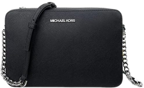Michael Michael Kors East West Jet Set Umhängetasche mit großem Logo, Black Saff / Silver Hardware
