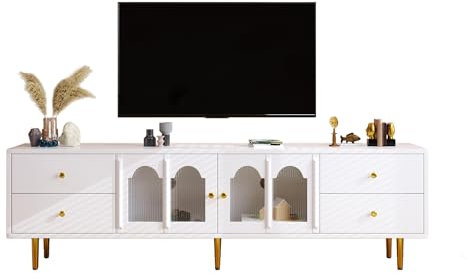 Meuble TV avec tiroirs, meuble TV de salon avec porte en verre bombé, poignées et pieds dorés