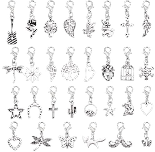 nbeads 30 Stk. Legierung Anhänger Dekoration, Tibetische Stile Baumeln Metall Charms mit Karabinerverschluss für Stitch Marker Ohrringe Halskette Schmuck Handwerk