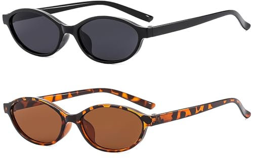 2 Stück Retro Oval Sonnenbrille, Ovale Kleine Katzenaugen Sonnenbrille 90er Vintage Trendy Skinny Sonnenbrillen Modische Schmale für Damen und Herren Reisen Geschenke（Leopardenmuster + Schwarz）