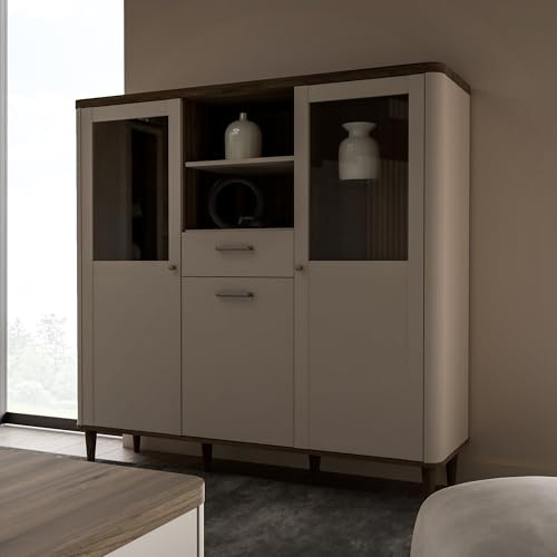 Forte LACETTI Highboardvitrine 150, Moderne Wohnzimmervitrine mit Skandi Lamellen Design, 3-türig, 1 Schublade, Kaschmir|Beige|Valencia Eiche Holzdekor, 144,8 cm breit x 142,9 cm hoch x 41,2 cm tief