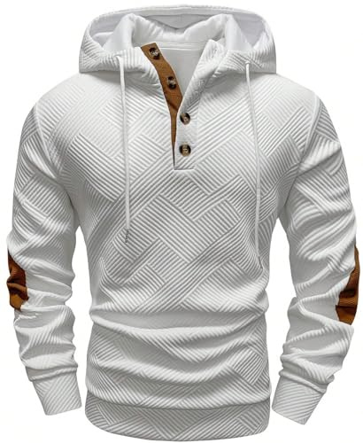 PADOLA Henley Sweat Homme 1/4 Bouton Jacquard Pull Hiver Sweats à Capuche Manches Longues Automne Hiver Sweatshirts avec Cordon de Serrage Chaud Décontracté Hoodie Streetwear