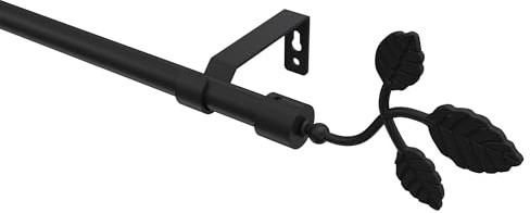INTERDECO Gardinenstange 16 mm 1-läufig Schwarz 160 cm | aus Metall, für Wandmontage, Endstück Alessia (Blatt), ohne Ringe, kürzbar, Traglast bis 5 kg, Klassisch / Landhaus