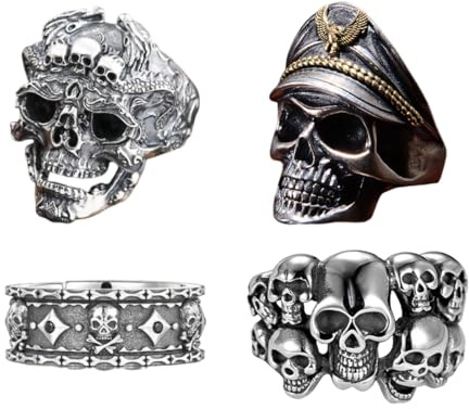 OIXYEY 4 Stück Retro Charm Punk Rock Schädel Herrenring Edelstahlring Bandring,Edelstahl Ring Für Männer Jungen Piraten Rock Skull Biker Ringe, Totenkopf Ring,Ringe Herren Karneval