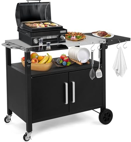 Outopee Outdoor Grill Dining Cart, Pizza Oven Serving Trolley | Wheels, Stainless Steel Top, Side Handle, Storage Cabinet, 6 Hooks, Portable Patio Food Prep Table for Kitchen Garden Party