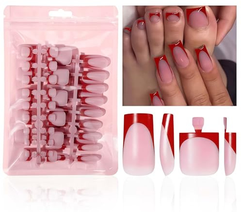 Cosblisvia Press On Nails and False Toenails Set, 60Pcs Red French Tips for Women, Brides, Stylists at Weddings, Parties, Office Work, Square Stick On Kit (Red)