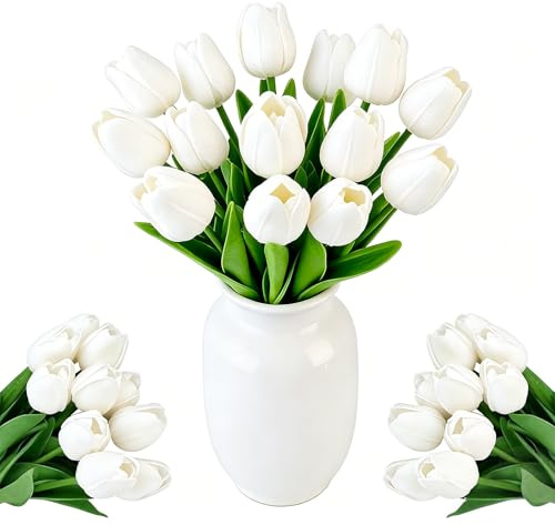 ZHYTUAL 12 Stück Faux Weiß Tulpen Künstliche Tulpen Künstliche Blumen Tulpen Real Touch Fake Ideale Tulpenstrauß Künstlich Tischdeko für Zuhause, Hochzeit & Frühling Ewiger Blumenstrauß