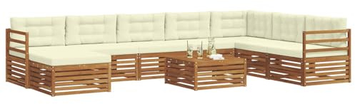 vidaXL Sofagarnituren 9 pcs Natur und Creme Massivholz Akazie, Akazienholz Outdoor-Sofa-Set, modernes Gartenmöbel, Bequeme Liege, modulare Design, Poolbereich geeignet