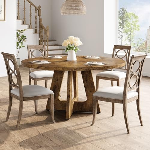 Runder Esstisch ⌀ 120 cm, Rustikaler Holztisch für 4–6 Personen, Esszimmertisch mit Stabiler Mittelfuß, Moderner Landhausstil, ideal als Essgruppe oder Küchentisch, Ohne Stühle, Vintage Braun