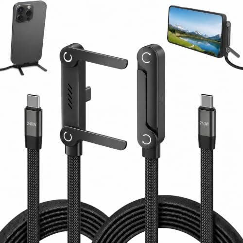 Pack 2 Cables USB-C 240W 2 en 1 con Soporte Integrado Invisible, 1.5M | Cable de Carga Trenzado Nylon con Soporte Ajustable, Conector lateral 90° para Smartphones Portatil y Tablet