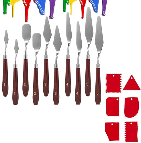 11-Piece Artist Palette Knife Set, Stainless Steel and Plastic Painting Spatulas, Ergonomic Wooden Handle, Multi-Shape Mixing Tools for Oil, Acrylic, and Canvas, for Students, Hobbyists,