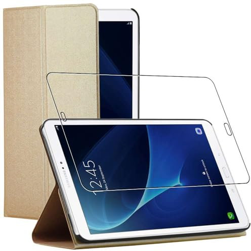 ebestStar - Funda Compatible con Samsung Galaxy Tab A6 A 10.1 (2018, 2016) T580 T585 Carcasa Cuero PU Silicona Smart Cover, Reposo Automático, Dorado +Cristal Templado [Tab: 254.2x155.3x8.2mm 10.1]