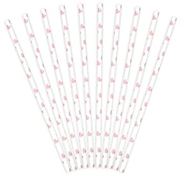 PartyDeco SPP7-081J Lot de 10 pailles en papier Blanc avec cœurs roses 19,5 cm