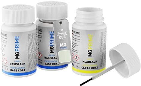 MG PRIME Autolack Lackstifte für Toyota 084 Glacier Pearl Mica + Klarlack | Montblanc Weiss, Set aus Grundlack + Basislack + Klarlack, Lackfläschchen mit Pinsel, je 50ml