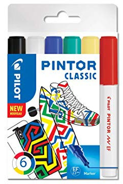 Pilot Pintor Kreativ-Marker auf Wasserbasis, schnell trocknend, für Stoffe, Glas, Holz, Stein, Heimwerker, Amateur-Künstler, extrafeine Spitze, verschiedene klassische Farben, 6 Stück