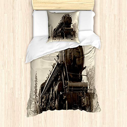 ABAKUHAUS Dampfmaschine Bettbezug Set für Einzelbetten, Antik Zug Kunst, Milbensicher Allergiker geeignet mit Kissenbezug, Schwarzgrau