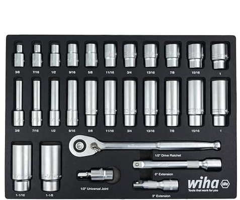 28 Piece 1/2” Drive Standard and Deep Socket Tray Set