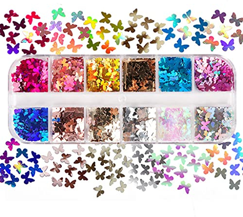 6Wcveuebuc 12 Gitter/Box Holografische Glitzer Schmetterling Form Pailletten Epoxidharz Füllung DIY Handwerk Schmuck Machen Nail Art Glitter Dekoration