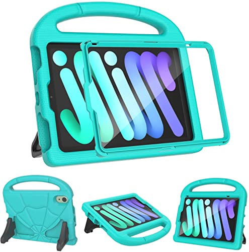 2024 Newest iPad Mini 7(A17 Pro)& iPad Mini 6 (A15) 2021Tablet Case for Kids (7th/6th Generation),Lightweight Shockproof Kid-Proof Cover Built-in Screen Protector with Handle Stand Case-Turquoise