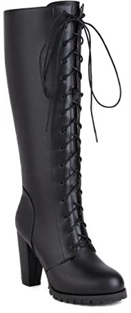 JIEEME Sintetico elegante e rotondo blocco tacco con cerniera sul tallone alto con 9,5 cm Easy Walikng knee-high boots for women big size 35-46 T76-52, Nero , 41 EU