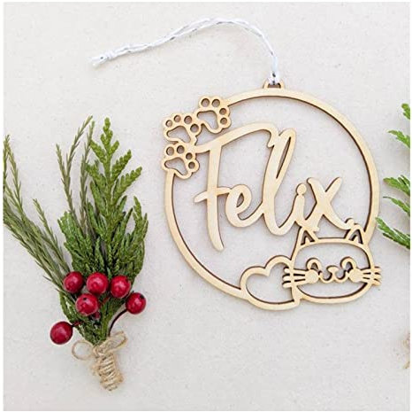 Personalisierter Name Ihres Hundes, personalisierte Weihnachtskugel-Geschenkanhänger, individuelle Weihnachtskatzen-Ornament, Holzornament, Kugel mit Namen, personalisiertes Geschenk zum Aufhängen (A,