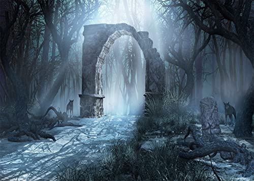 CORFOTO Stoff 9x6ft Düstere Landschaft Hintergrund antike Ruinen Wald Wölfe Halloween Fotografie Hintergrund verwelkte Bäume gruselige Kulisse für Partydekorationen Banner Studio Requisiten