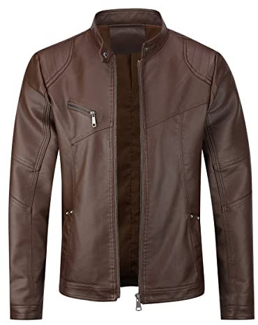 Sliktaa Chaquetas de cuero casuales para hombre, chaquetas bomber con cuello alto, Marrón2, L