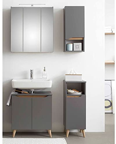 Lomadox Badezimmer Set mit Füßen in Holzoptik in Quarzgrau Matt Touch mit Riviera Eiche Nb., B/H/T ca. 110/190/33 cm