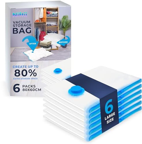 NIFTII Vacuum Storage Bags 6 Pack, 80x60cm - Space Saver for Clothes, 80% More Storage with Airtight, Waterproof, Double-Zip Seal, Durable Packing Bags for Duvets, Bedding & Travel
