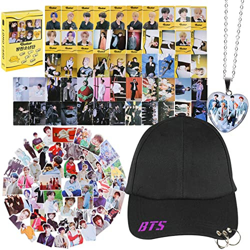 BTS Geschenk-Set – 55 Lomo Karten/ 50Aufkleber/ 1 Halskette/Schwarze Sonnenblende, Kpop BTS Merchandise Geschenke Set für die Army