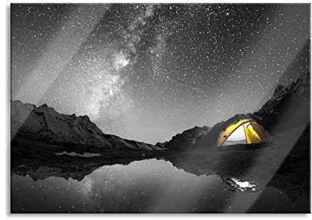 Pixxprint Tableau sur verre | Tableau mural en verre véritable | Tentes sous des milliers d'étoiles | 60 x 40 cm | Avec suspension et entretoises