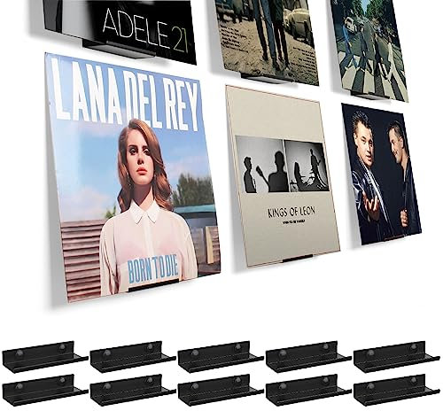 BiJun Vinyl Wandhalterung, 10 Stück, schwarze Metall-Vinyl-Halterung, Wandregal, minimalistische Vinyl-Schallplatten-Wandaufbewahrung, Set für CD-Display im Büro und zu Hause (Schwarz 10)