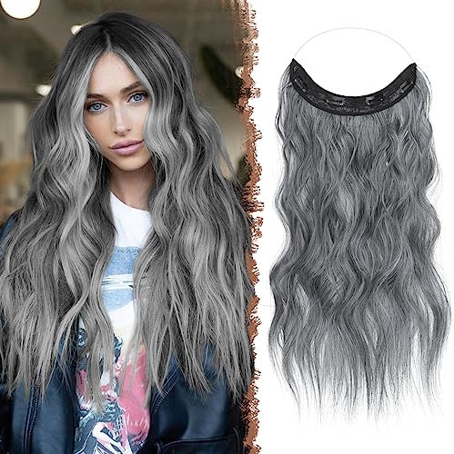 FESHFEN Secrets Hair Extensions Lange Gewellt Haarverlängerung Invisible Secret Haarextension Synthetik Haare Unsichtbarem Haarteile für Frauen Kupfer Kastanienbraun 40 cm Schwarz Mix Grau