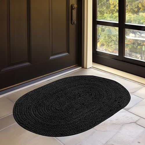 HOMEMONDE Ovaler Jute-Teppich HMEXRG-103-2X3FT-BLK 60 x 90 cm – Schwarz, 100 % umweltfreundlicher und nachhaltiger Jute-Teppich für Wohnzimmer, Flur und Eingangsbereich