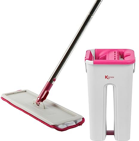 Kleeneze KL029272FEU7 No Chemical Cleaning Flat Mop & Bucket Set – Just Use Water, Slimline Microfibre Mop Head, Super Absorbent, Built-In Wringer & Dirt Removing Scraper, Easy Store Compact Design