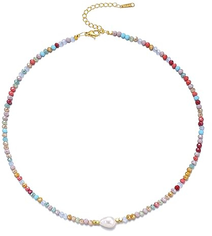 ERNAULO Colorful Beaded Necklaces for Women Crystal Bead Necklace Beach Necklaces Boho Necklaces for Women Pearl Beaded Choker Necklace(CK-Color-1pearl)