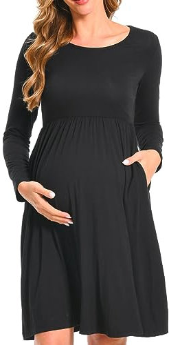 Bearsland Women’s Long Sleeve Maternity Dresses Patchwork Pregnancy Dress with Pocket, Black, XL