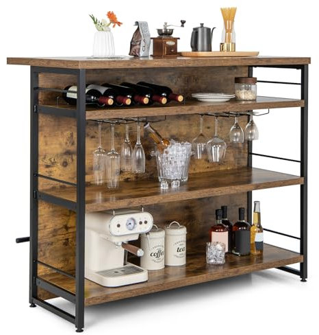 PETSITE Industrial Home Bar Unit, Stationary Kitchen Island w/ 4-Tier Storage Shelf, Wine Rack, Glass Holders, Liquor Bar Table w/Long Footrest, Perfect for Home, Kitchen, Pub