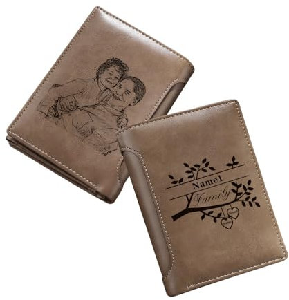 kaululu Portefeuille Homme Personnalisé Porte Monnaie avec Photo Prenom Initiales Marron Cuir Photo Cadeau pour Anniversaire Noël Fête des Pères