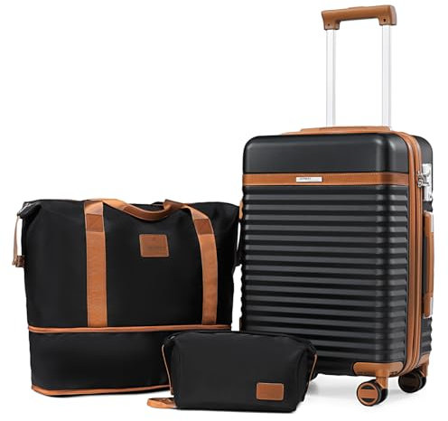 Joyway Kofferset 3 Teilig von ABS Hartschalen Erweiterbar Trolley Kofferset mit 4 Rollen und TSA Schloss Der Handgepäck Sets Enthält 1 Reisetasche und 1 Kulturbeutel Schwarz
