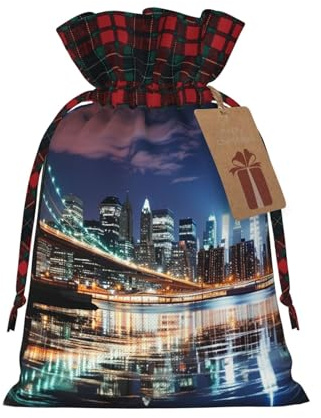 BTCOWZRV Weihnachten Leinen Geschenkpapier Taschen New York Night Wiederverwendbare Geschenkverpackung Sack Xmas Candy Taschen mit Doppel Kordelzug Xmas Tasche für Süßigkeiten Wrapper Weihnachtsfeier