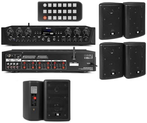 IMPIANTO AUDIO FILODIFFUSIONE 6 CANALI SEPARATI PER INTERNO ED ESTERNO CON CASSE DA PARETE (CON 12 CASSE MEDIE NERE)