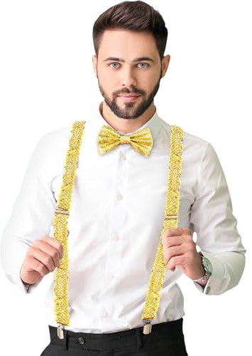 Tulov 2-teiliges Glitzer Fliege und Glitzer Krawatte Herren Set, Glitzer Outfit Herren, Herren Pailletten Hosenträger Set für Karnevals Themenparty Zubehör (Gold)