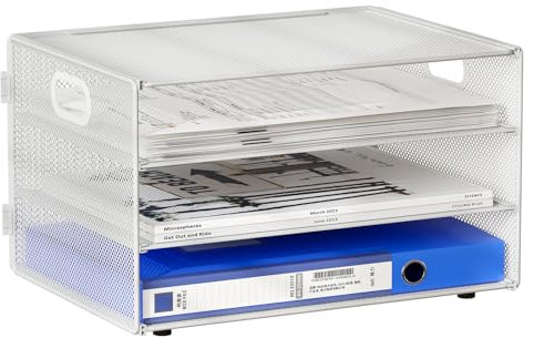EasyPAG 3 Tier Desktop A4 Office Mesh Tray Desk Tidy File Holder Paper Organiser Magazine Storage Rack,White