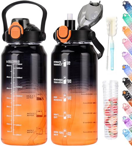 AOPREL Trinkflasche 2l, Wasserflasche mit Strohhalm & Früchtebehälter, Trinkflasche Sport Kohlensäure Geeignet, BPA Frei Auslaufsicher Sportflasche mit Zeitmarkierung für Fitness, Yoga und Outdoor