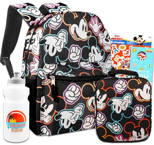 Mickey Mouse Juego de mochila y lonchera para niños, paquete con mochila Mickey de 16 pulgadas, bolsa de almuerzo de Mickey, calcomanías, botella de agua, más | Mochila Mickey Mouse para niños.